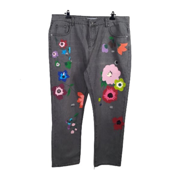 MISSLOOK Denim - MISSLOOK WOMEN'S FLORAL PAINTED DISTRESSED BOYFRIEND FIT BLOWN JEANS SIZE XL
